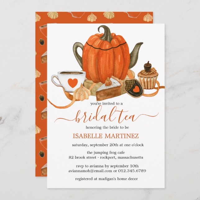 Orange Pumpkin Teapot Fall Bridal Tee Einladung (Vorne/Hinten)