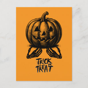 Orange Pumpkin Trick oder behandeln Schädel Hand S Feiertagspostkarte