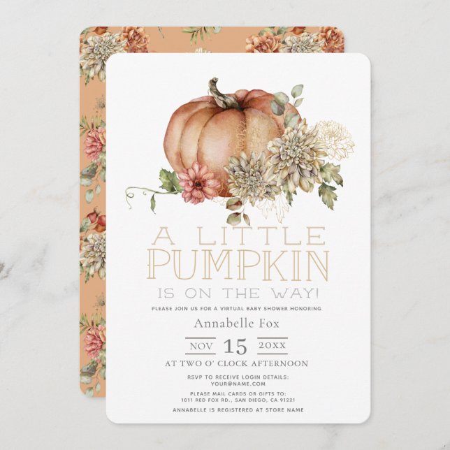 Orange Pumpkin & White Dahlia Virtual Baby Dusche Einladung (Vorne/Hinten)