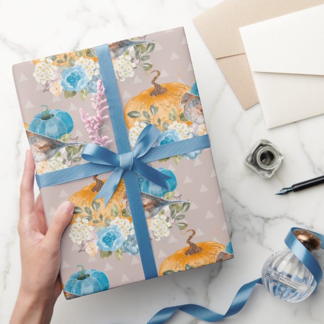 Orange Pumpkins Blue Pumpkins und Blume Danke Geschenkpapier (Schenken)
