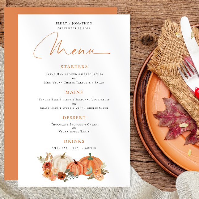 Orange Pumpkins Fall Florals Wedding Menu (Von Creator hochgeladen)
