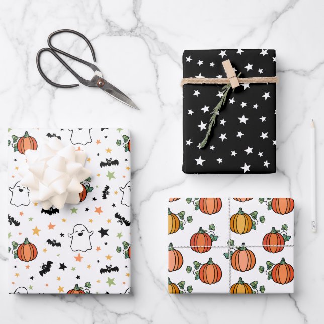 Orange Pumpkins Ghosts Halloween Mixed Patterns Geschenkpapier Set (Vorderseite)