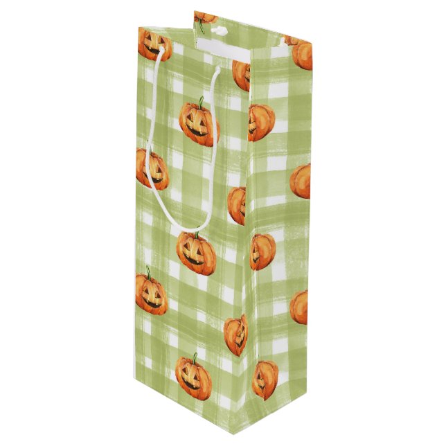 ORANGE PUMPKINS MIT GRÜNEN UND WEISSEN KARIERT GESCHENKTÜTE FÜR WEINFLASCHEN (Vorderseite Schrägansicht)
