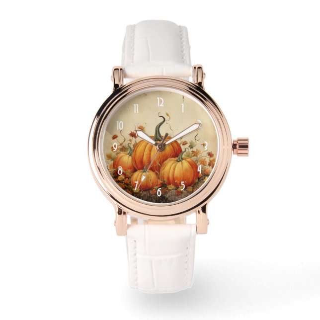 Orange Pumpkins Rustikaler Herbst Armbanduhr (Vorderseite)