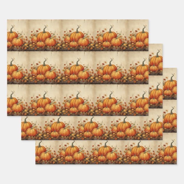 Orange Pumpkins Rustikales Herbstmuster Geschenkpapier Set (Set)