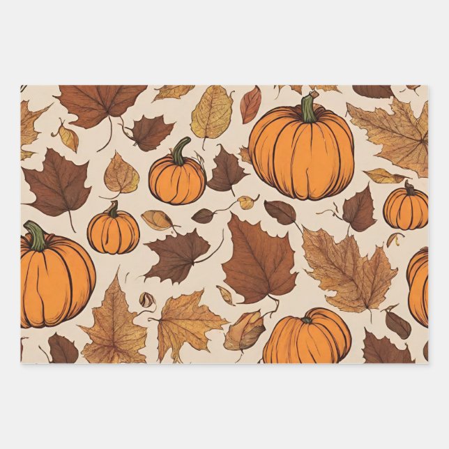 Orange Pumpkins und Herbstleaves Geschenkpapier Set (Vorderseite)
