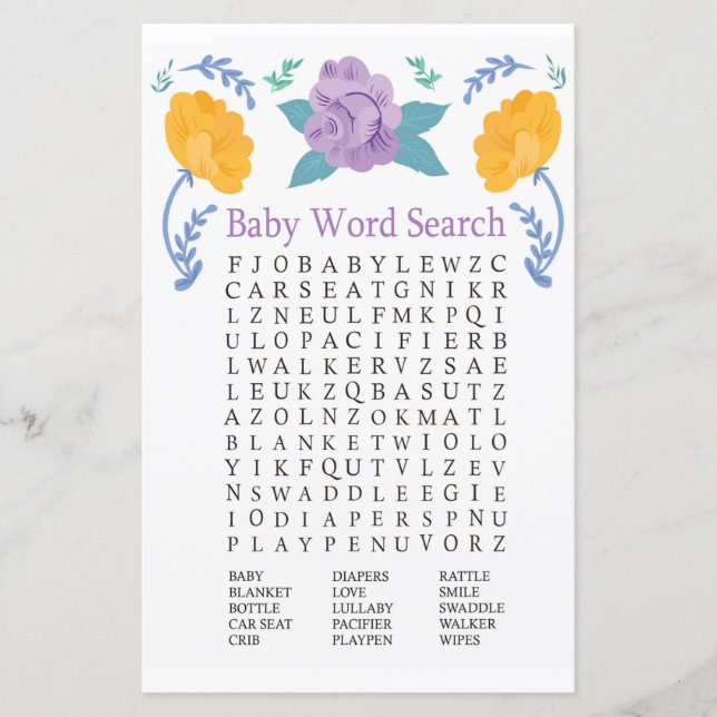 Orange Purple Flowers Kinderdusche Word Search Gam (Vorderseite)