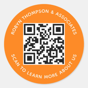 Orange QR Code Stickers Custom Business Name Round
