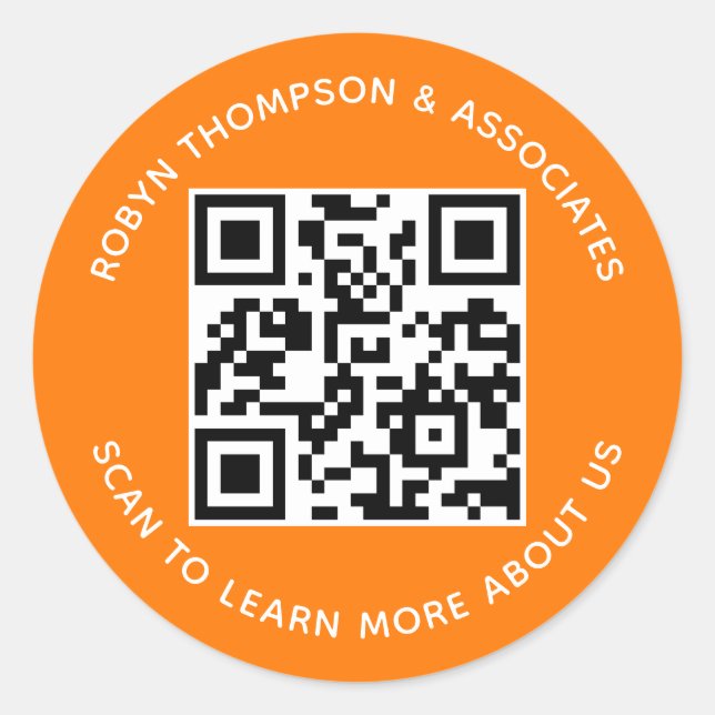 Orange QR Code Stickers Custom Business Name Round (Vorderseite)