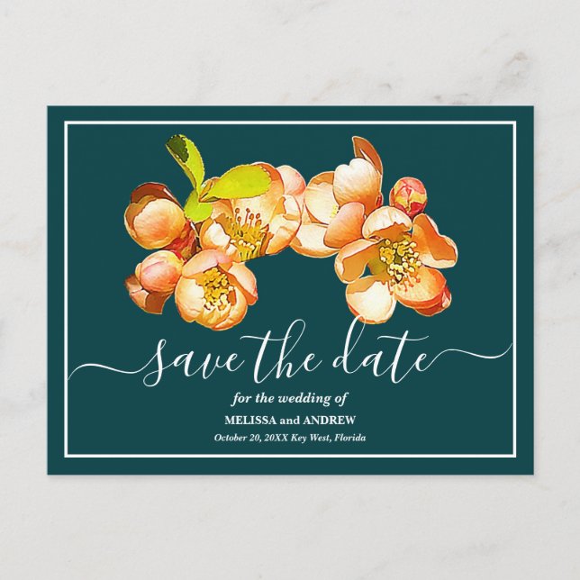 Orange Quince Aquamarin Hintergrund Save the Date Postkarte (Vorderseite)