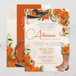 Orange Quinceanera Vintag Charro Western Rose Einladung