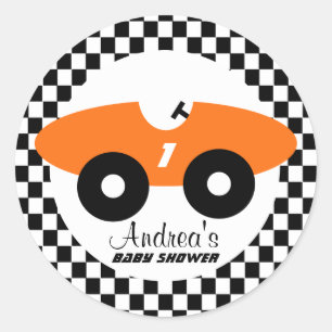 Orange Race Car Baby Dusche Runder Aufkleber