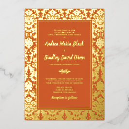 Orange Real Gold Foil Damask Wedding Folieneinladung