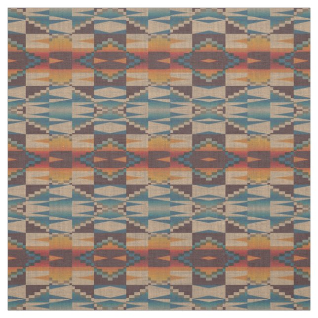 Orange Red Aquamarin Blue Brown Aztec Mosaikmuster Stoff (Muster)