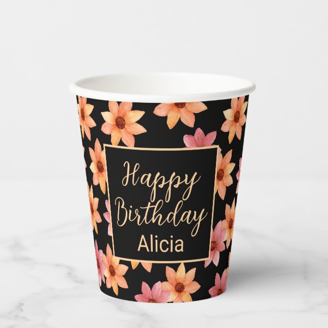 Orange Red Autumn Blumen Black Birthday Pappbecher (Vorderseite)