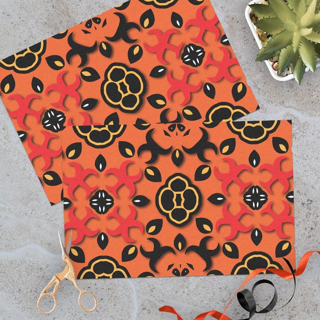 Orange Red Black Ethnic Arabesque Boho Mosaik Seidenpapier (Von Creator hochgeladen)