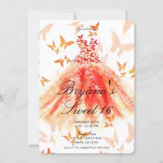 Orange Red Butterfly Dance Dress Sweet 16 Party Einladung