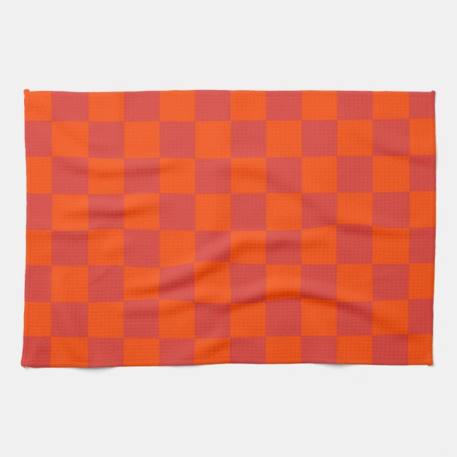Orange Red Checkered Gingham Pattern Geschirrtuch (Horizontal)