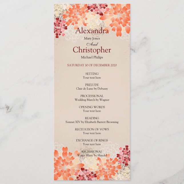 Orange Red & Cream Blume Retro Wedding Programm (Vorderseite)