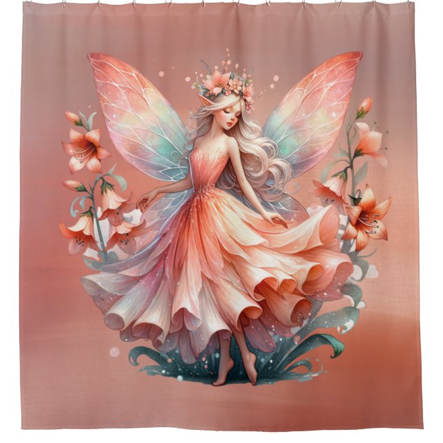 Orange Red Floral Fairy Princess Girls Duschvorhang (Vorderseite)