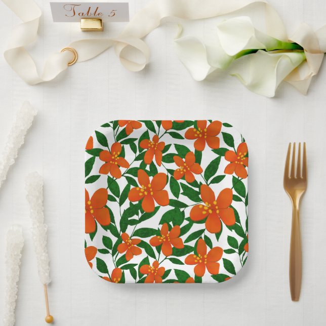 Orange Red Floral Green Botanicals Muster Pappteller (Hochzeit)