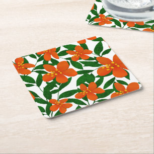 Orange Red Floral Green Botanicals Muster Rechteckiger Pappuntersetzer