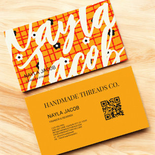 Orange Red Floral Karo Muster QR Code Handmade Visitenkarte