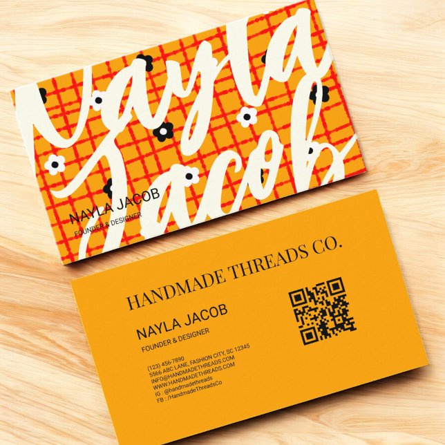Orange Red Floral Karo Muster QR Code Handmade Visitenkarte (Von Creator hochgeladen)