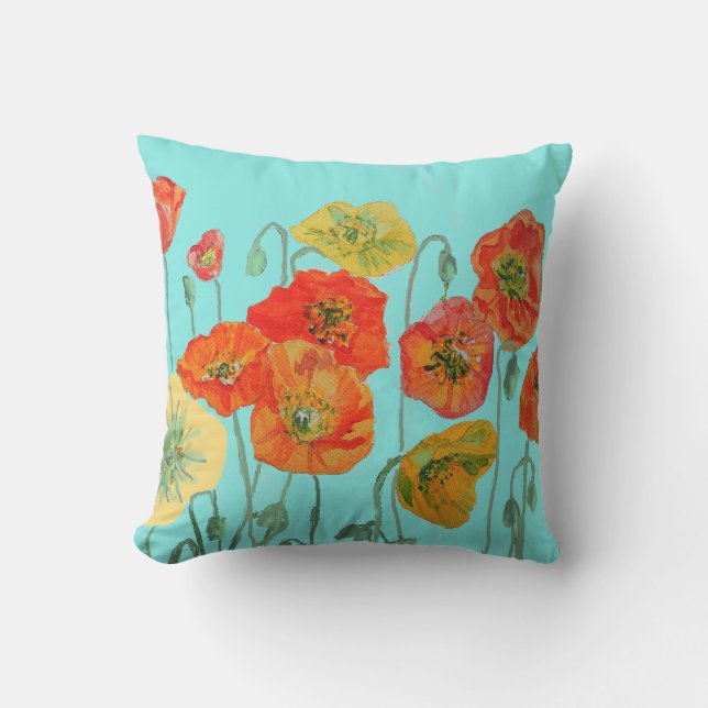 Orange Red Gelb Mohn Wasserfarbe Polster Aqua (Vorderseite)