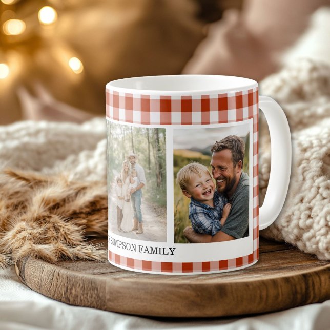 Orange-Red Gingham 3-Foto Kaffeetasse (Yellow Red-Orange 3 Photo Mug)