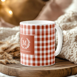 Orange-Red Gingham Monogram Wappen Custom Kaffeetasse