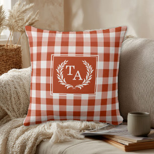 Orange-Red Gingham Monogram-Wappen Kissen