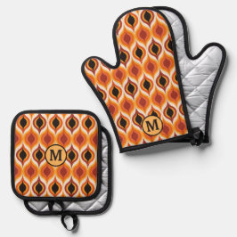 Orange Red Gold Abstrakt Flame Muster Monogram Ofenhandschuh & Topflappen-Set