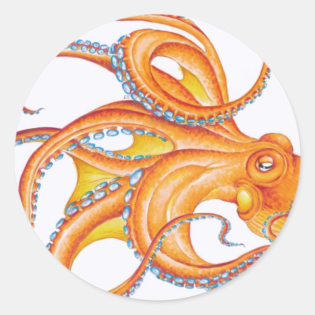 Orange Red Kraken Octopus Tinte Art Dance Runder Aufkleber (Vorderseite)