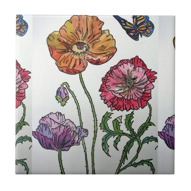 Orange Red Lila Poppy Blume Muster Fliese (Vorderseite)