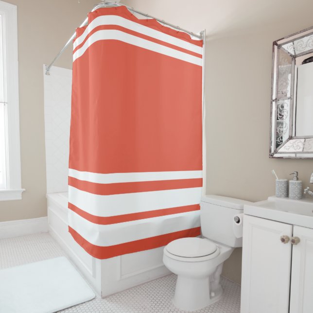 Orange Red: Moderne Linien in Weiß Duschvorhang (Beispiel)