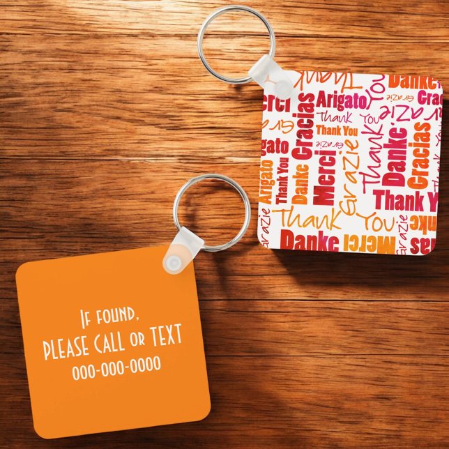 Orange Red Multilingual "Danke" Typografy Key Schlüsselanhänger (gratitude word cloud key ring front and back with template text)