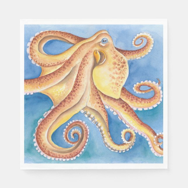 Orange Red Octopus Aquarellfarbe Tinte Serviette (Vorderseite)