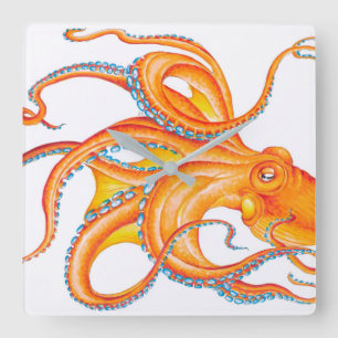 Orange red Octopus Ink Art Dance Quadratische Wanduhr