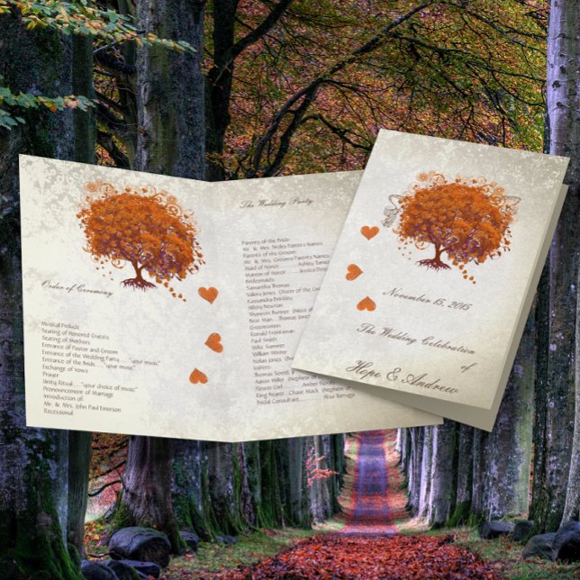 Orange Red Plum Heart Leaf Tree Hochzeitsprogramm (Von Creator hochgeladen)