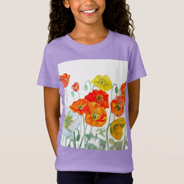 Orange Red Poppe Blume Muster Wasserfarbe T-Shirt (Vorderseite)