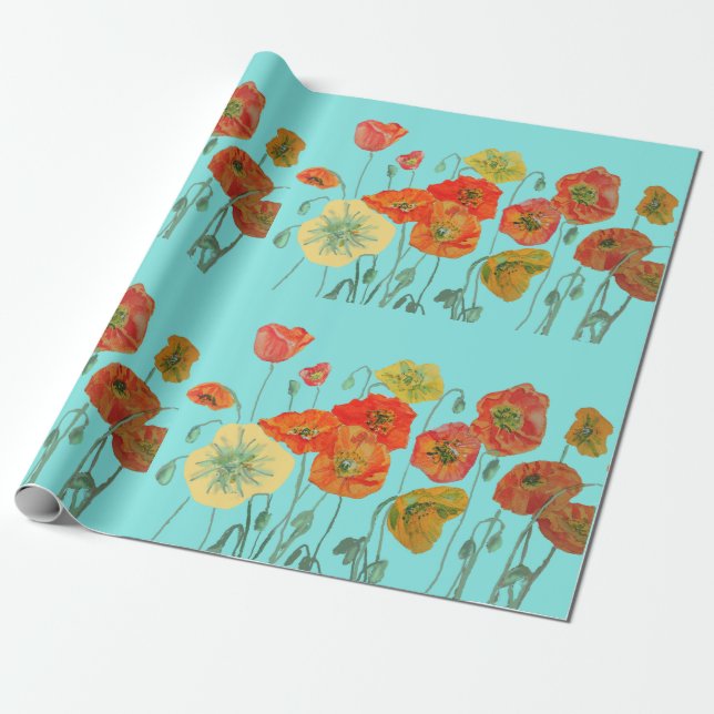 Orange Red Poppies Aqua Watercolor Wrapping Paper Geschenkpapier (Ungerollt)