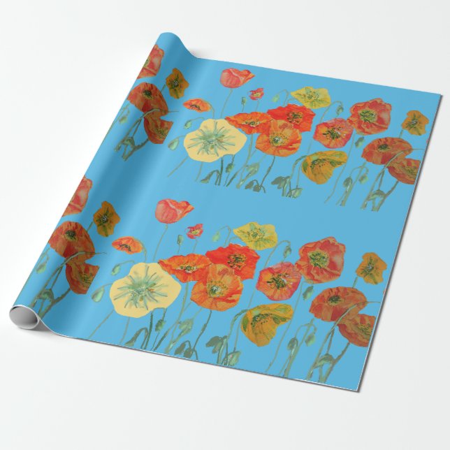 Orange Red Poppies Blue Watercolor Wrapping Paper Geschenkpapier (Ungerollt)