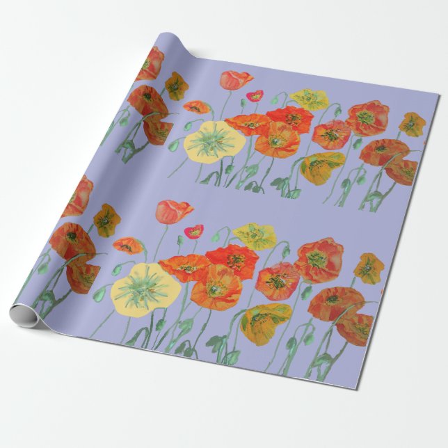 Orange Red Poppies Mauve Lila Watercolor Geschenkpapier (Ungerollt)