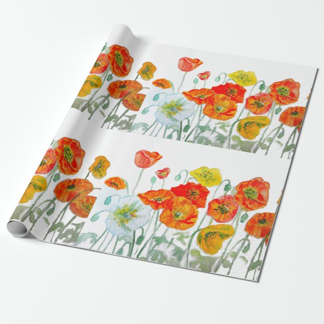 Orange Red Poppy Blume Pattern Wasserfarbenhochzei Geschenkpapier (Ungerollt)