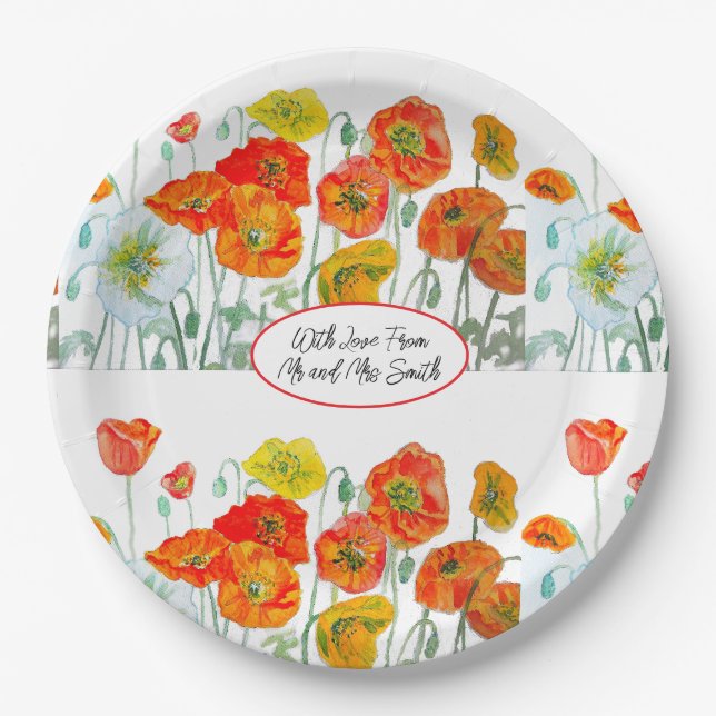 Orange Red Poppy Blume Pattern Wasserfarbenhochzei Pappteller (Vorderseite)