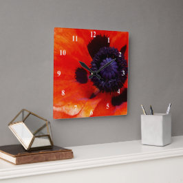 Orange Red Poppy Blume Quadratische Wanduhr