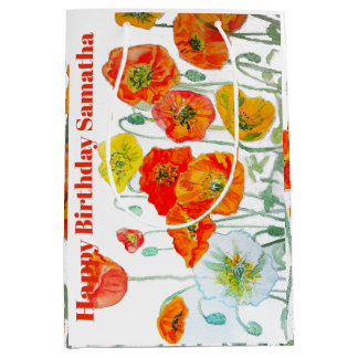 Orange Red Poppy Flower Watercolor Womans BIrthday Mittlere Geschenktüte