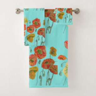 Orange Red Poppy Poppies Aqua Floral Blume Badhandtuch Set