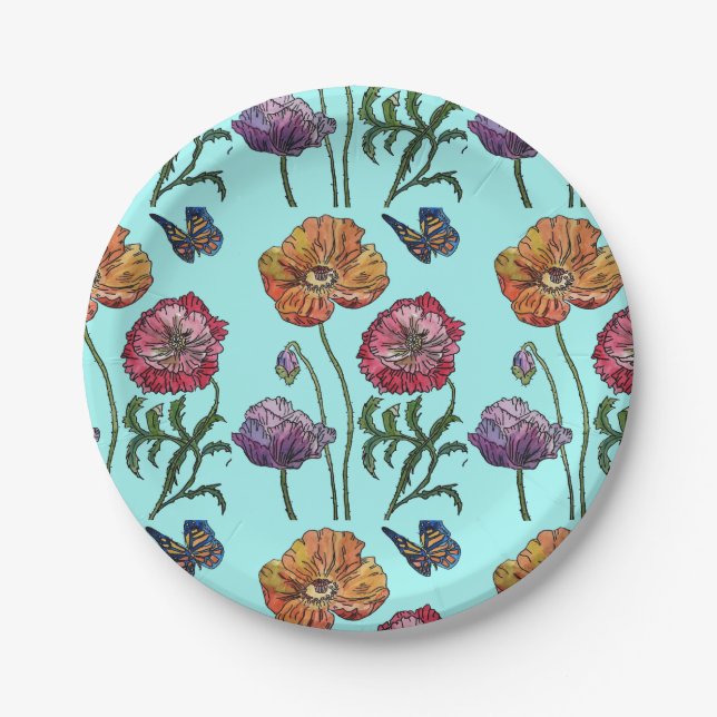 Orange Red Poppy Poppies Floral Aqua Pappteller (Vorderseite)
